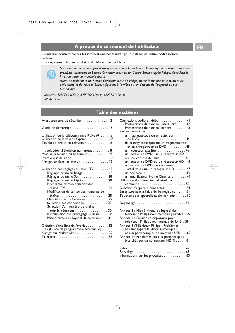 Page n°1 - Manuel utilisateur Philips 42PF7621D