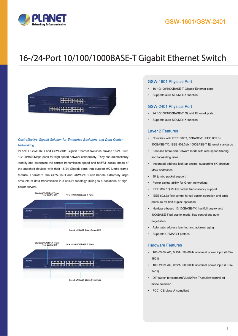 Page 1 de la notice Fiche technique Planet GSW-2401