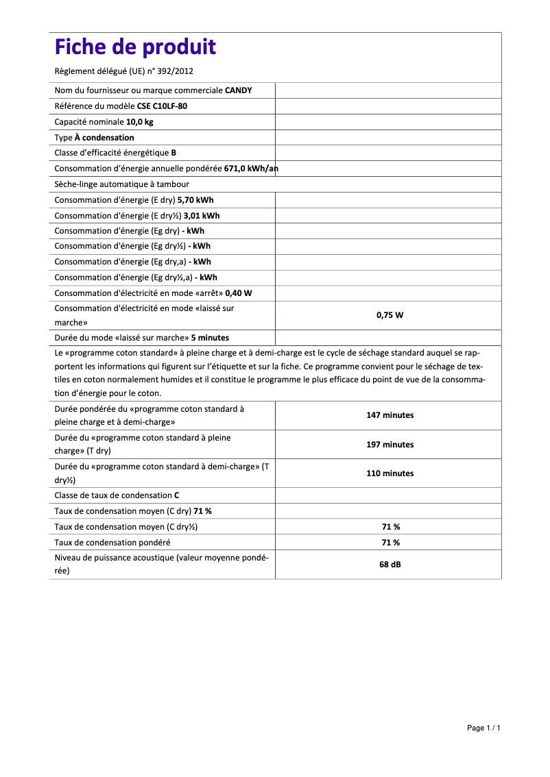 Page 1 de la notice Fiche technique Candy CSE C10LF-80