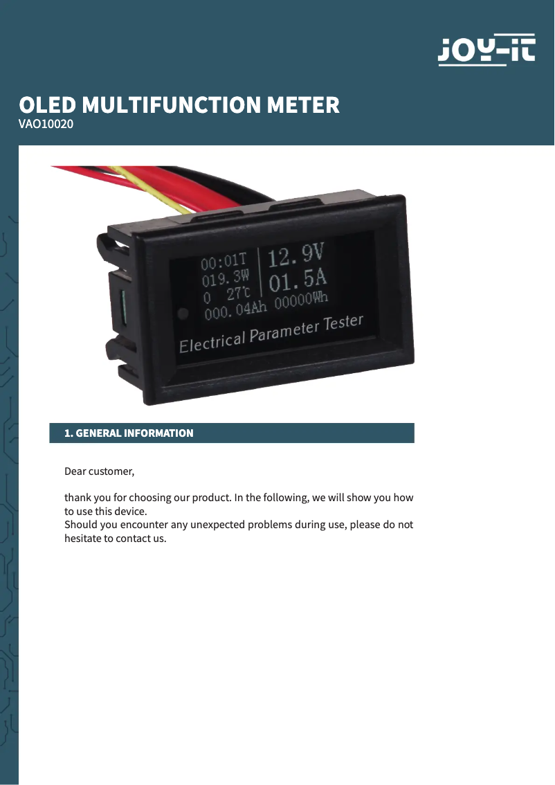 Page 1 de la notice Manuel utilisateur Joy-It VAO10020
