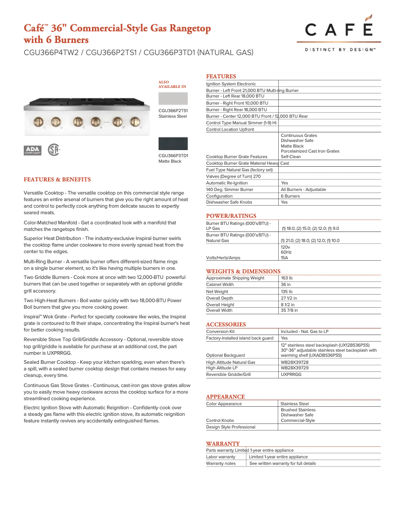 Página 1 del manual Ficha técnica GE CGU366P4TW2