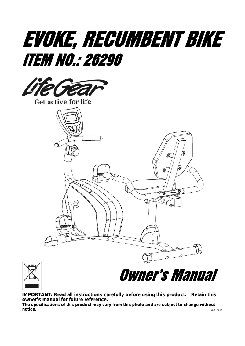Página 1 del manual Manual de usuario Life Gear Evoke Recumbent Bike 26290