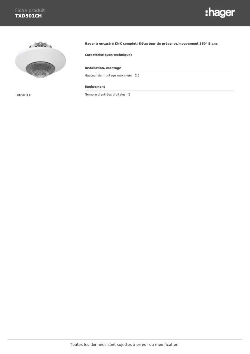 Page 1 of the manual Technical Sheet Hager TXD501CH