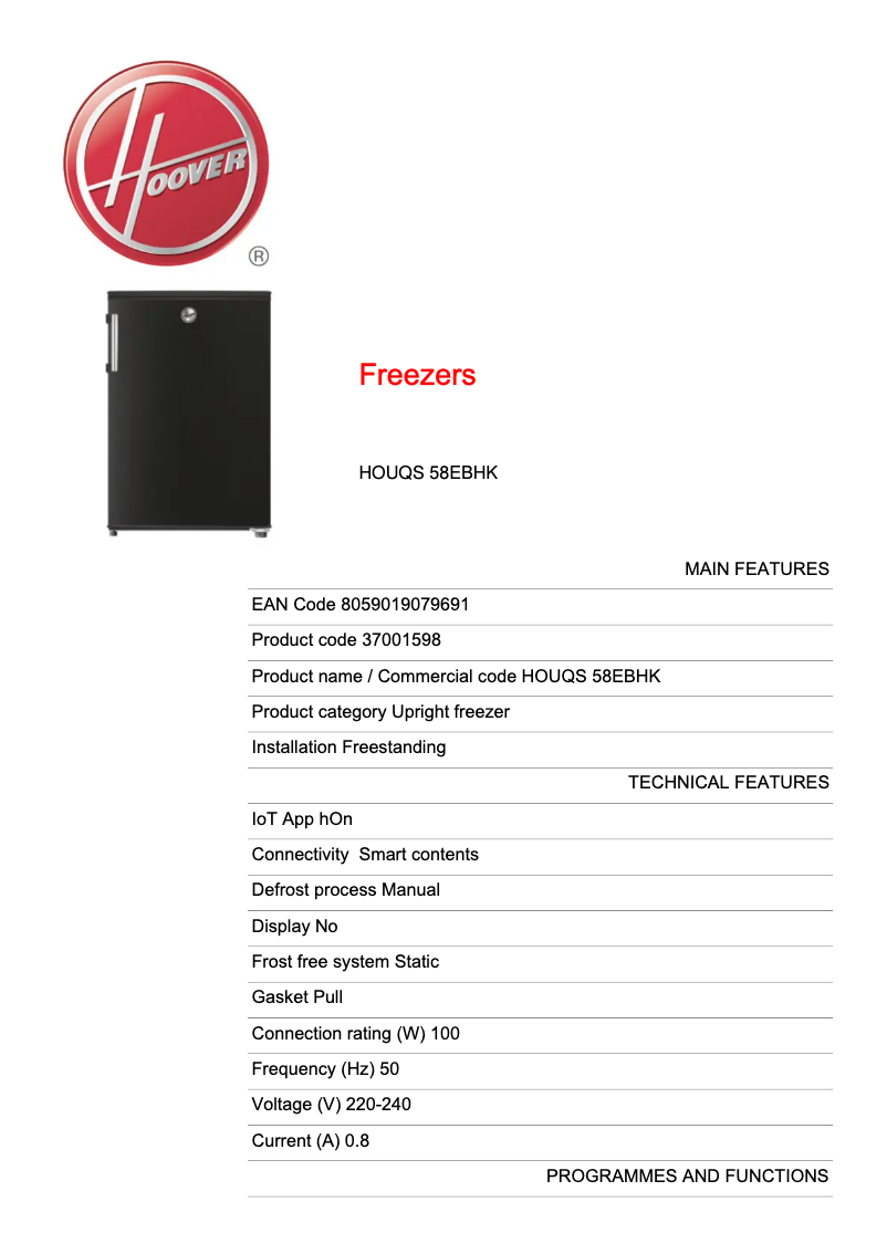 Page 1 of the manual Technical Sheet Hoover HOUQS 58EBHK