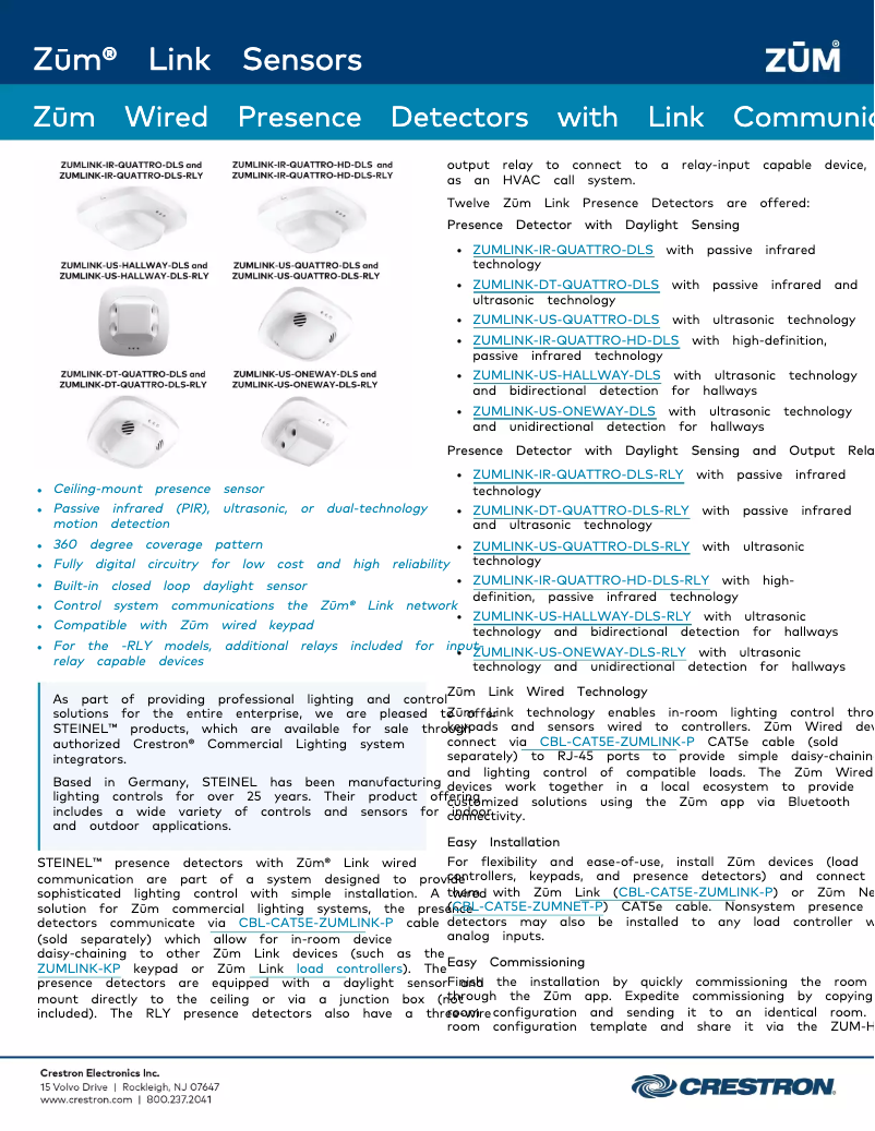 Page 1 de la notice Fiche technique Crestron ZUMLINK-IR-QUATTRO-DLS-RLY