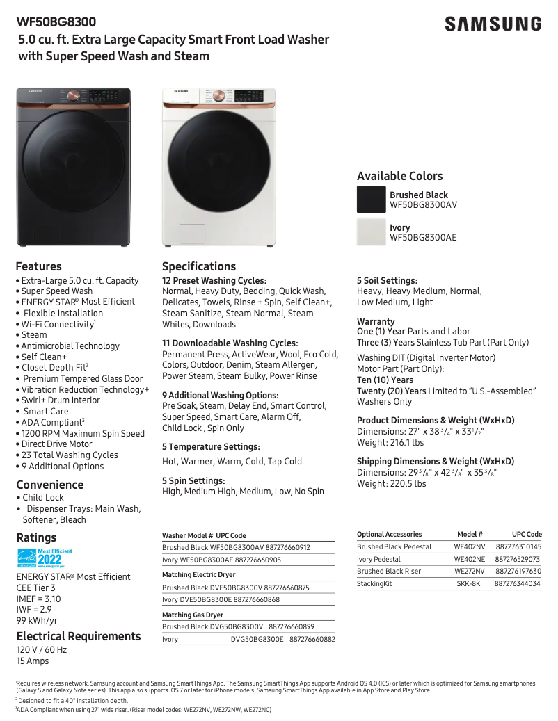 Página 1 del manual Ficha técnica Samsung WF50BG8300AE