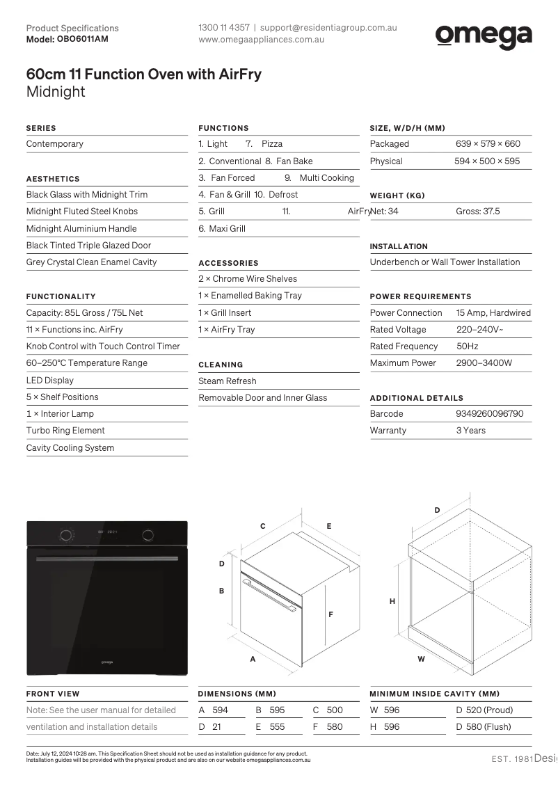 Page 1 de la notice Fiche technique Omega OBO6011AM