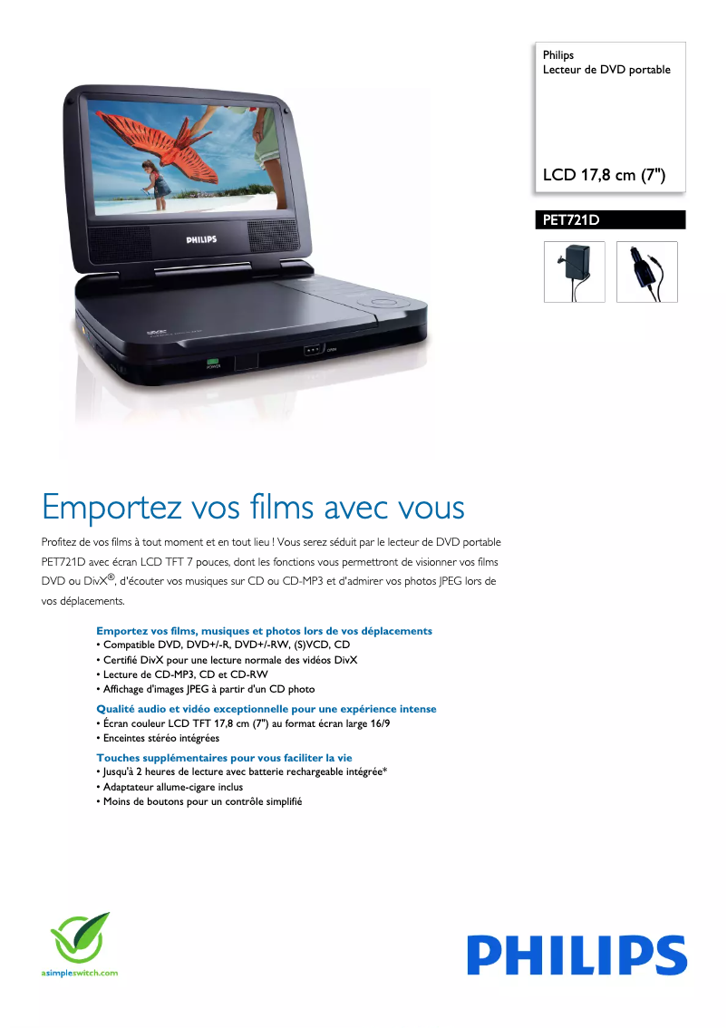 Page 1 of the manual Technical Sheet Philips PET721D