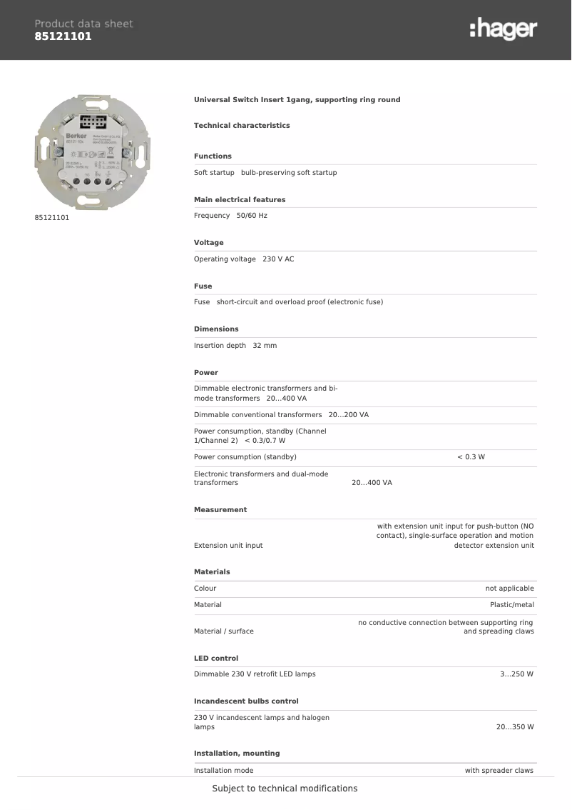 Page 1 de la notice Fiche technique Berker 85121101