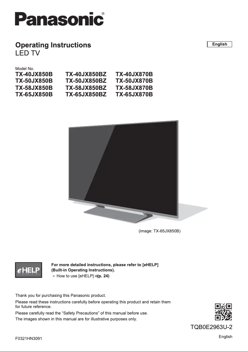 Page 1 of the manual Quick Start Guide Panasonic TX-50JX870B