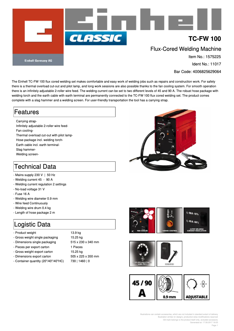 Page 1 de la notice Fiche technique Einhell TC-FW 100