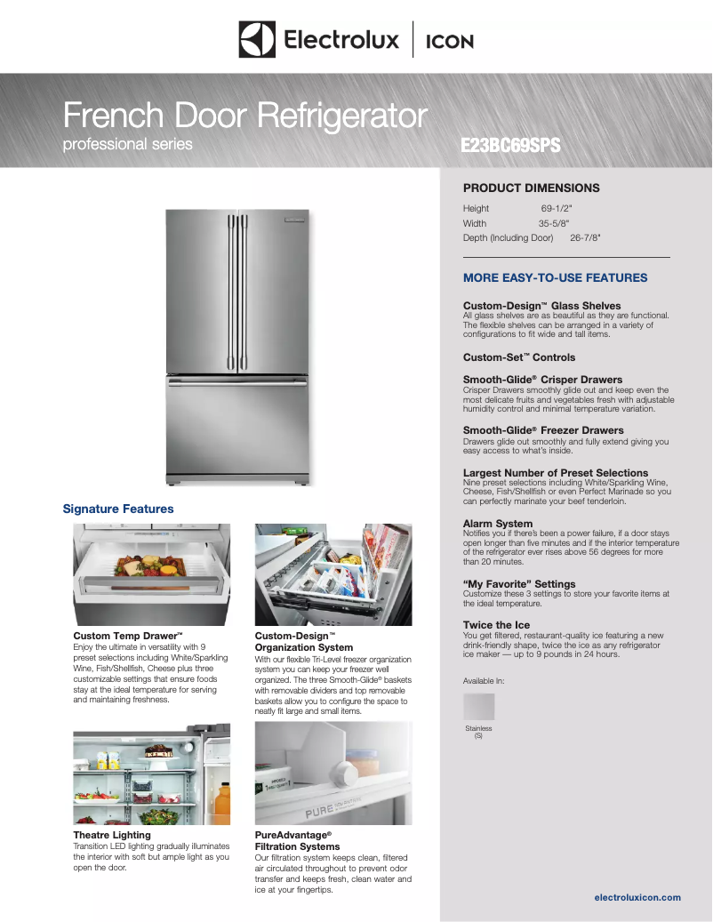 Page 1 de la notice Fiche technique Electrolux ICON E23BC69SPS