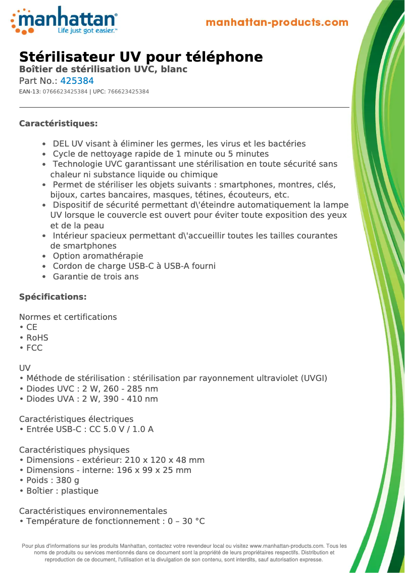 Page 1 de la notice Fiche technique Manhattan 425384