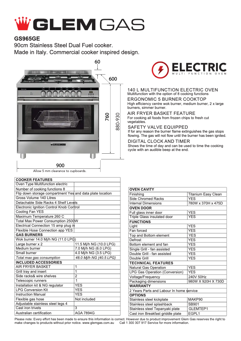Page 1 de la notice Fiche technique Glem Gas GS965GE