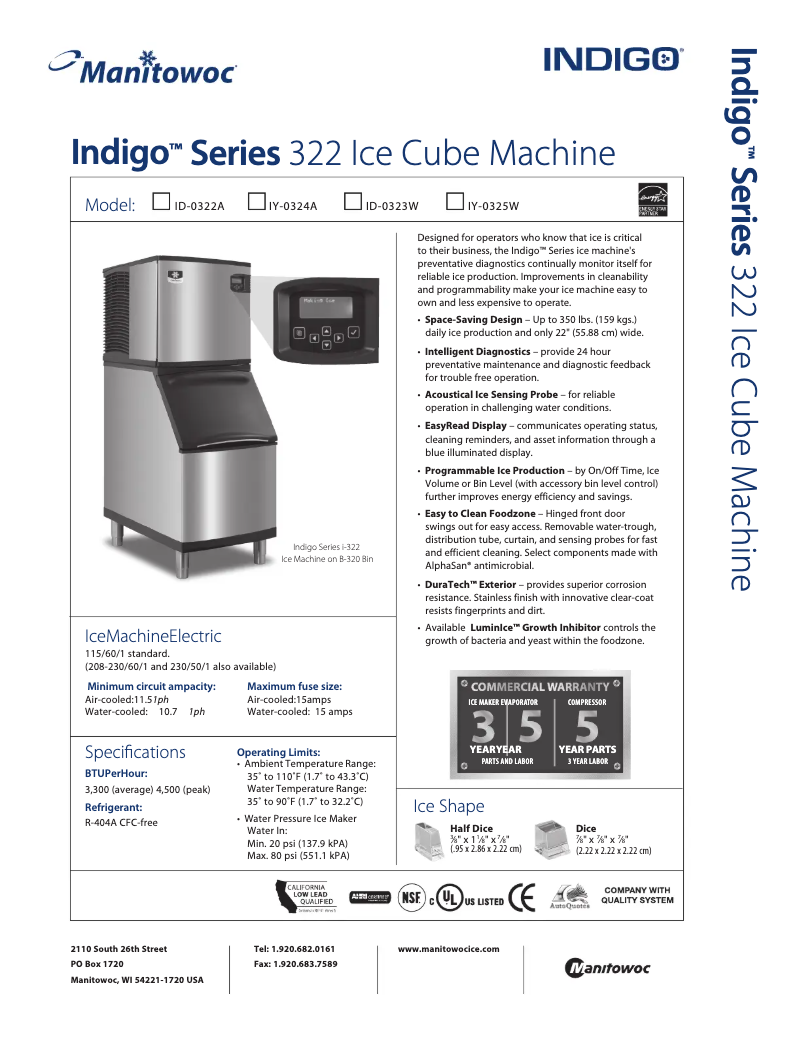 Página 1 del manual Ficha técnica Manitowoc IY-0324A