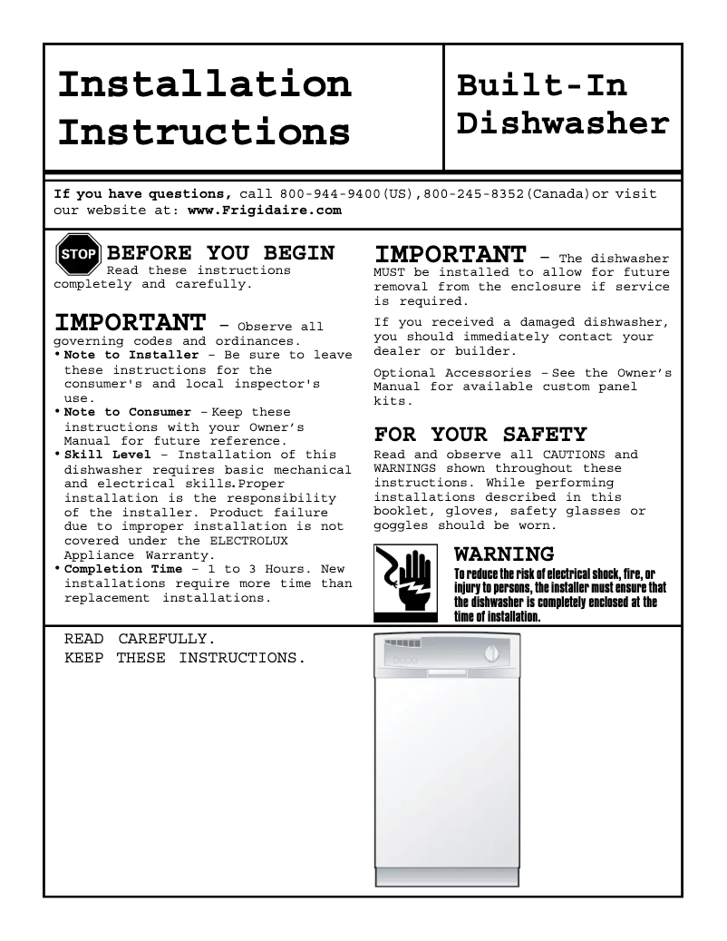 Page 1 de la notice Guide d'installation Frigidaire FMP330RGS