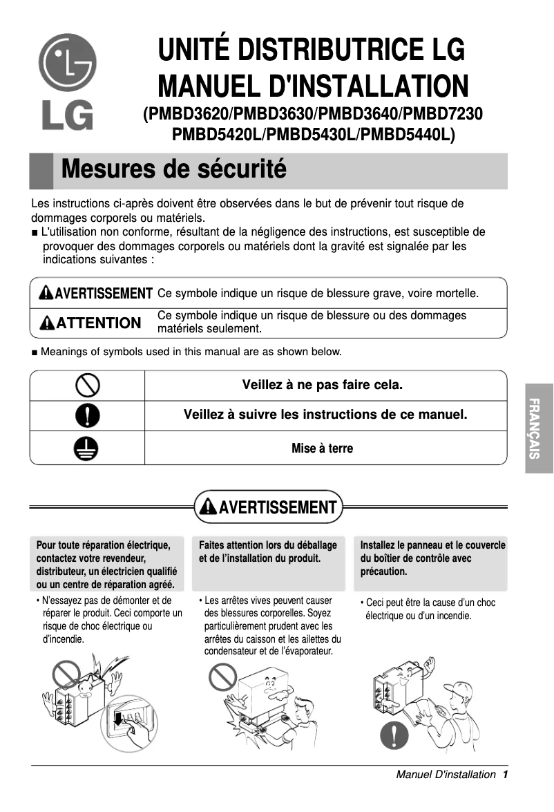 Page 1 de la notice Guide d'installation LG PMBD3640