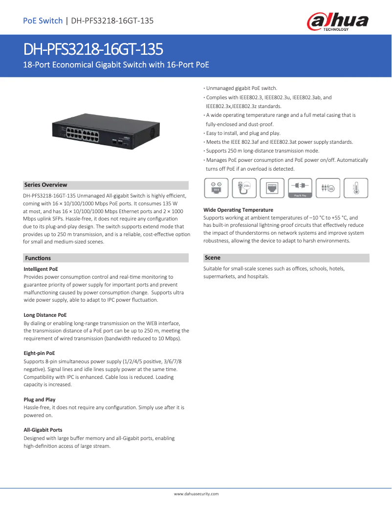 Page 1 de la notice Fiche technique Dahua Technology PFS3218-16GT-135