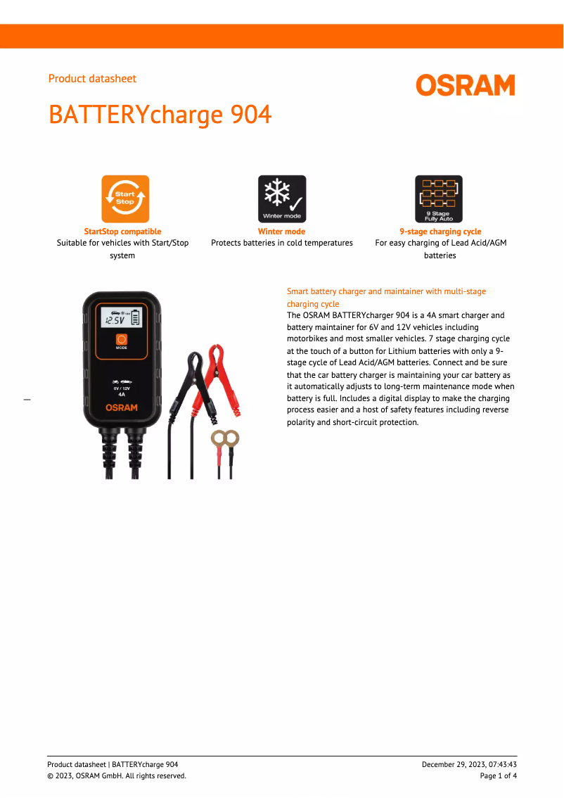 Page 1 de la notice Fiche technique Osram BATTERYcharge 904