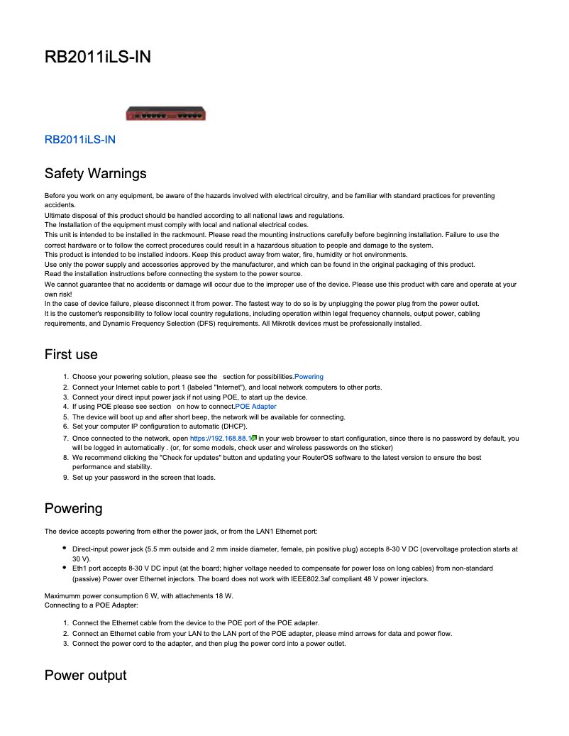 Page 1 de la notice Manuel utilisateur Mikrotik RB2011iLS-IN