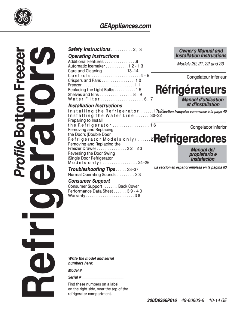 Page 1 de la notice Guide d'installation GE GNS23GGHWW