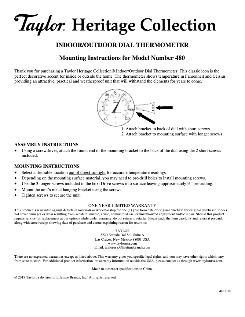 Page 1 de la notice Manuel utilisateur Taylor 480CR