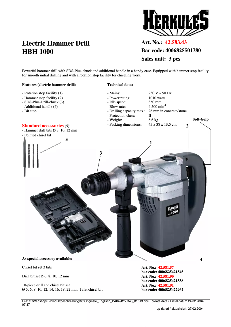 Page 1 de la notice Fiche technique Herkules HBH 1000
