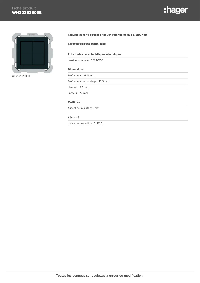 Page 1 de la notice Fiche technique Hager WH20262605B