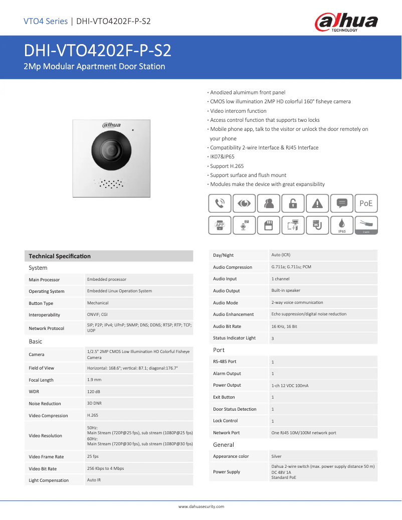 Page 1 de la notice Fiche technique Dahua Technology VTO4202F-P-S2