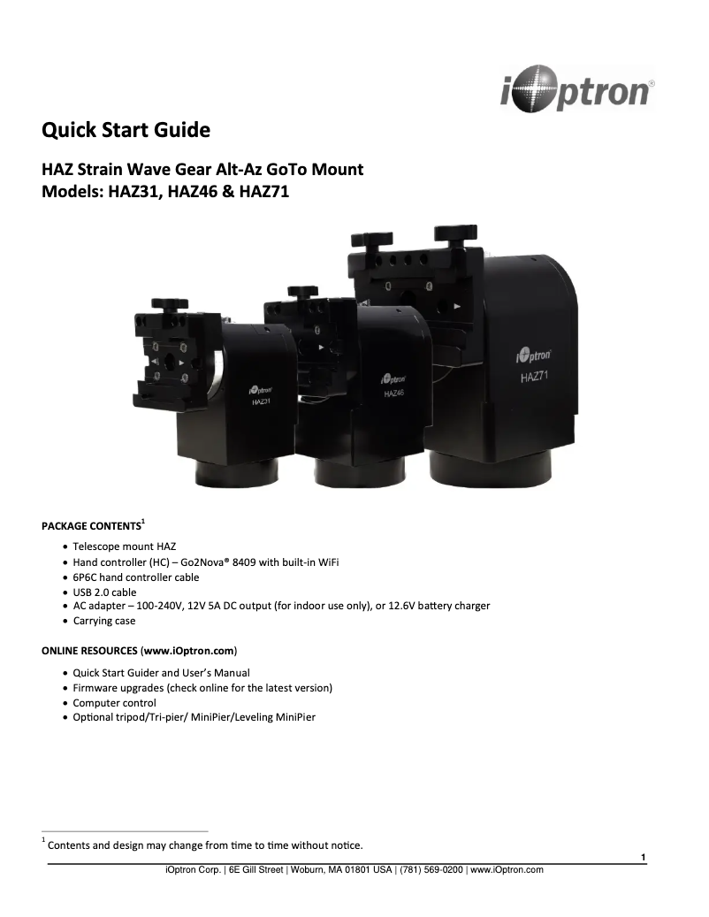 Page 1 of the manual Quick Start Guide iOptron HAZ71
