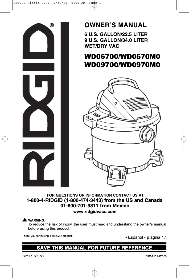 Página 1 del manual Manual de usuario Ridgid WD0970