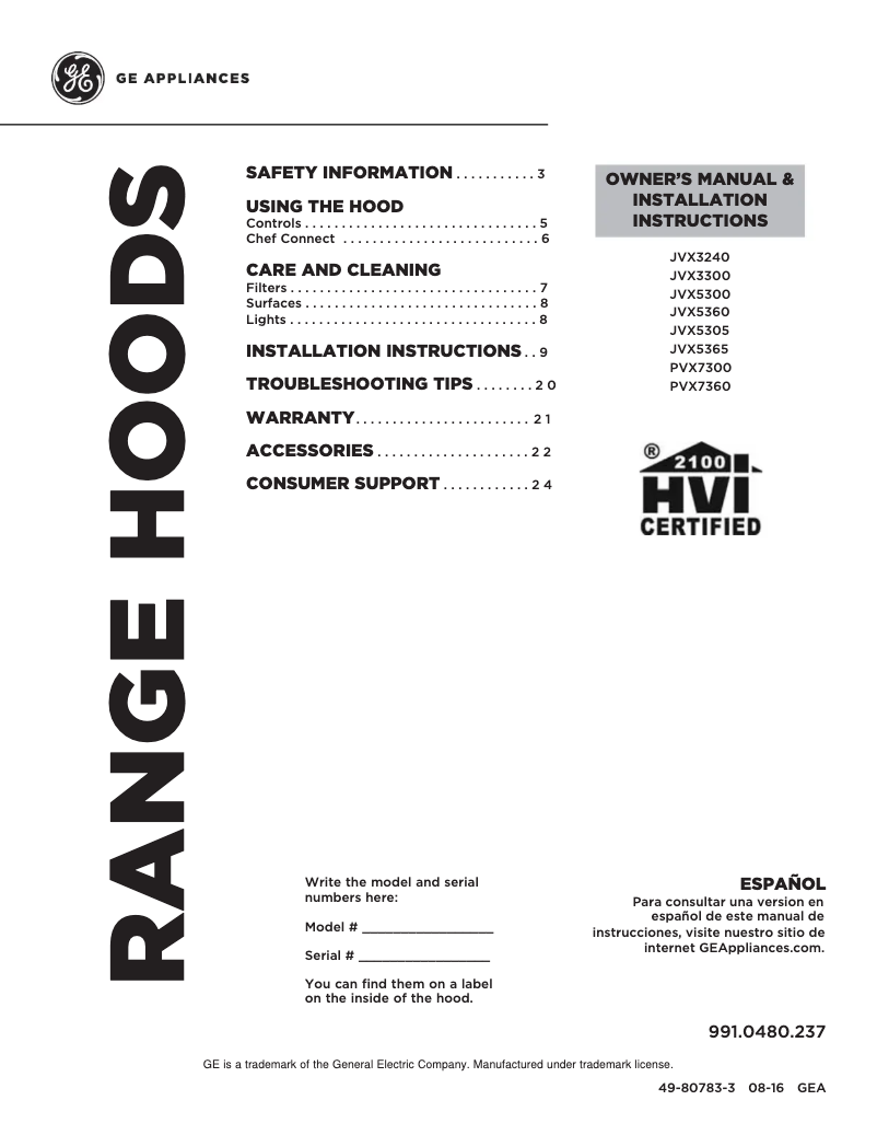 Page 1 de la notice Fiche technique GE JVX5300EJES