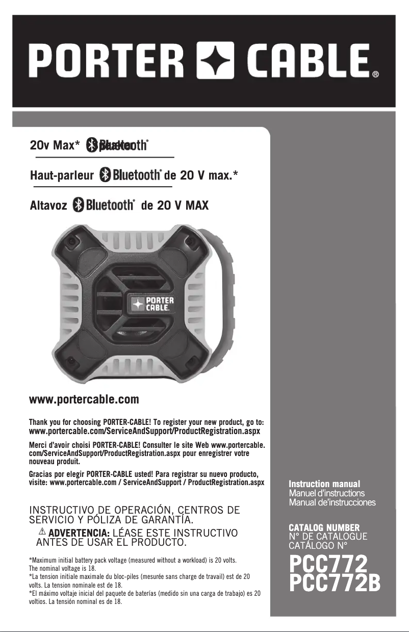 Page 1 de la notice Manuel utilisateur Porter-Cable PCC772B
