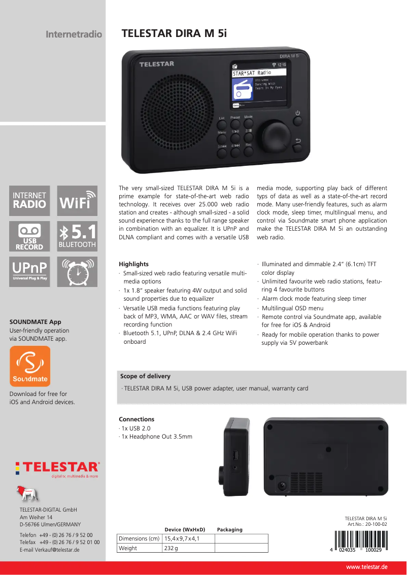 Page 1 de la notice Fiche technique Telestar DIRA M 5i