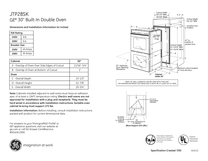 Página 1 del manual Ficha técnica GE JTP28SKSS