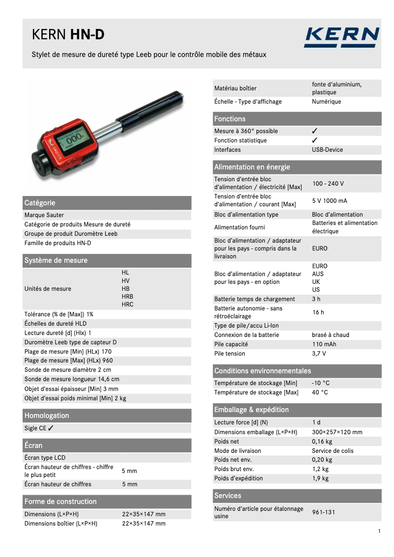 Page 1 de la notice Fiche technique Kern HN-D