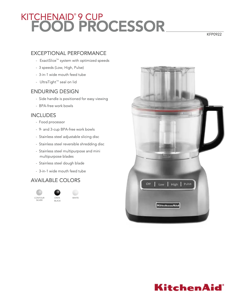 Page 1 de la notice Manuel utilisateur KitchenAid KFP0922