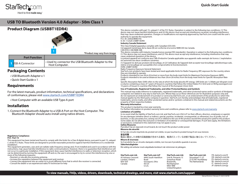 Page 1 de la notice Guide de démarrage rapide StarTech.com USBBT1EDR4