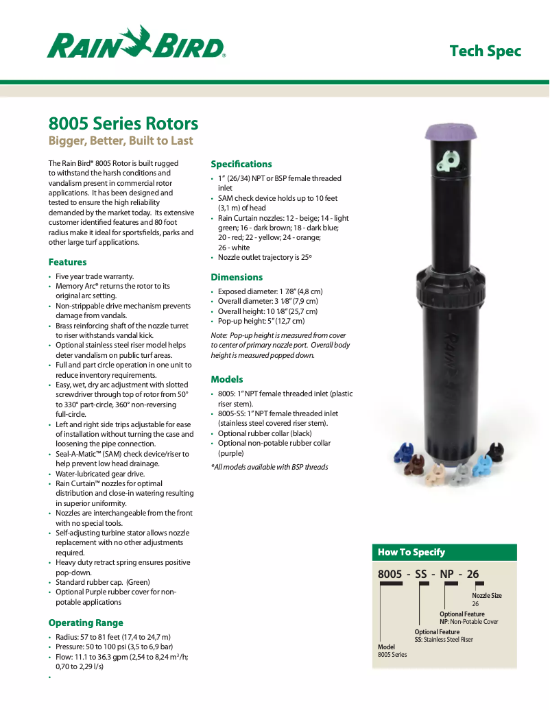 Page 1 de la notice Fiche technique Rain Bird 8005