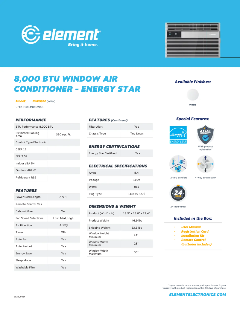 Page 1 de la notice Fiche technique Element EWR08BE