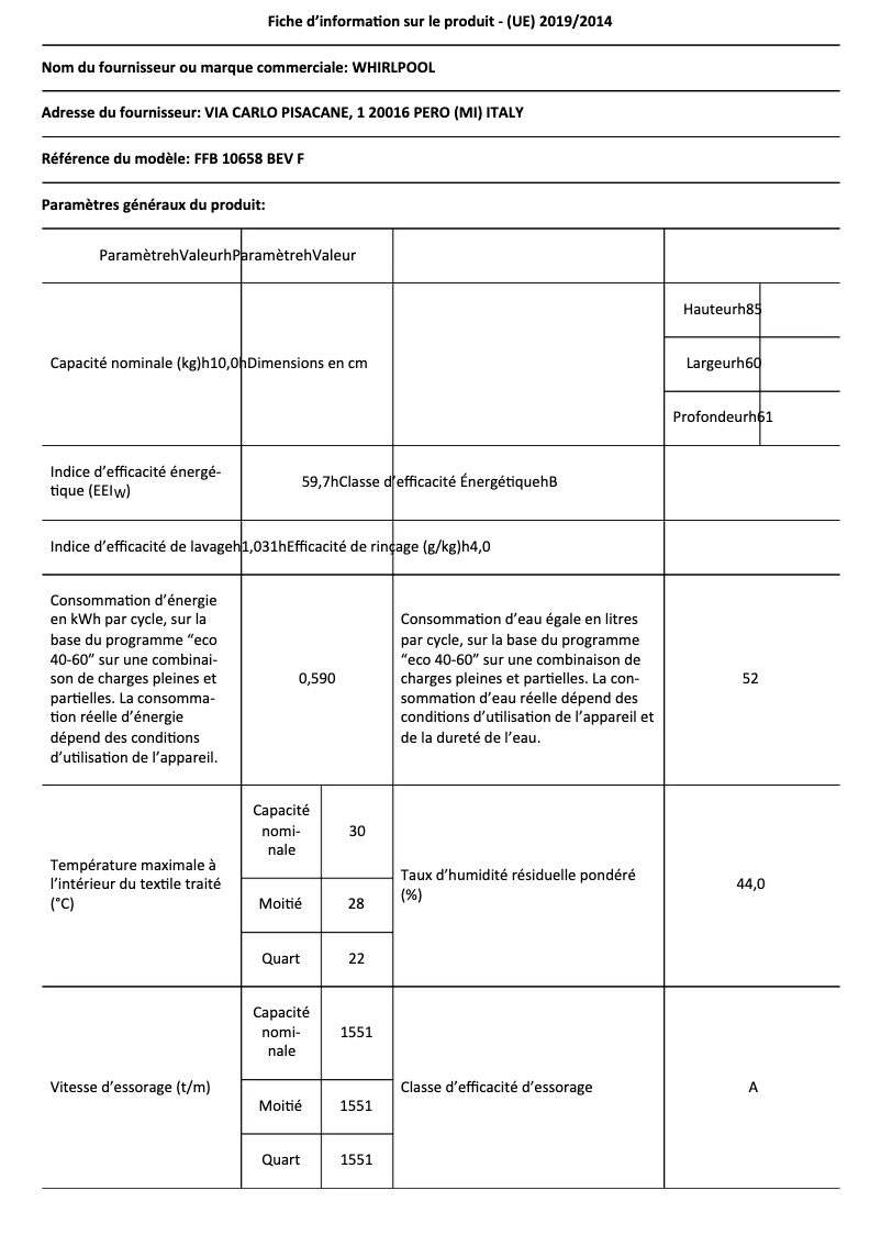 Page 1 de la notice Fiche technique Whirlpool FFB10658BEVF