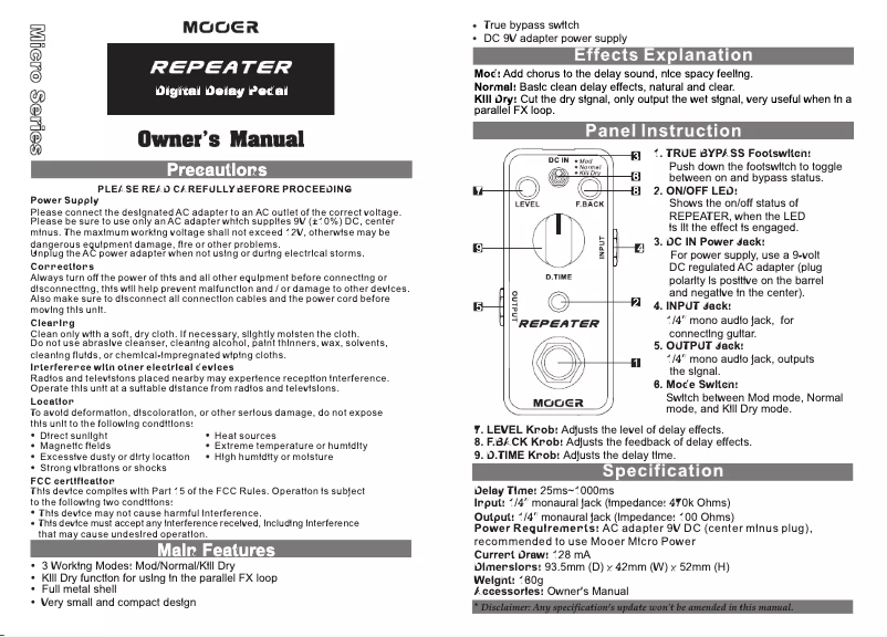 Page 1 de la notice Manuel utilisateur Mooer Repeater