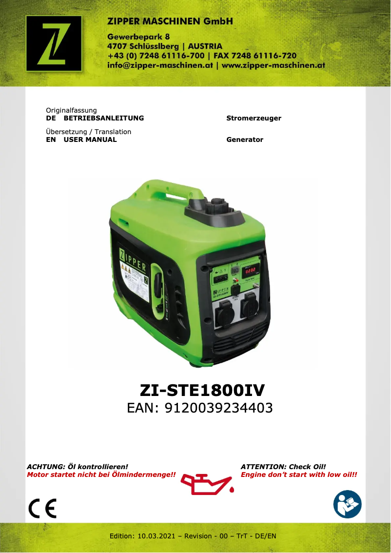 Page 1 de la notice Manuel utilisateur Zipper ZI-STE1800IV