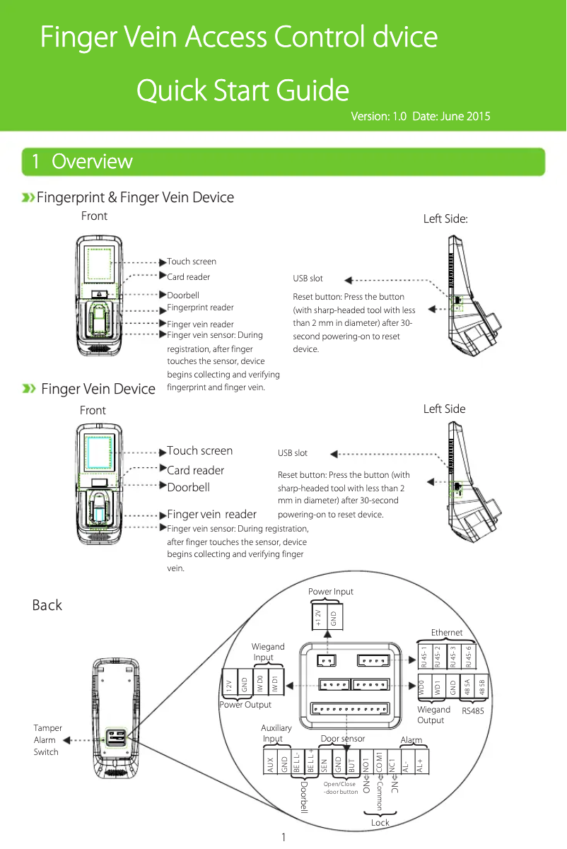 Page 1 de la notice Guide de démarrage rapide ZKTeco FV350