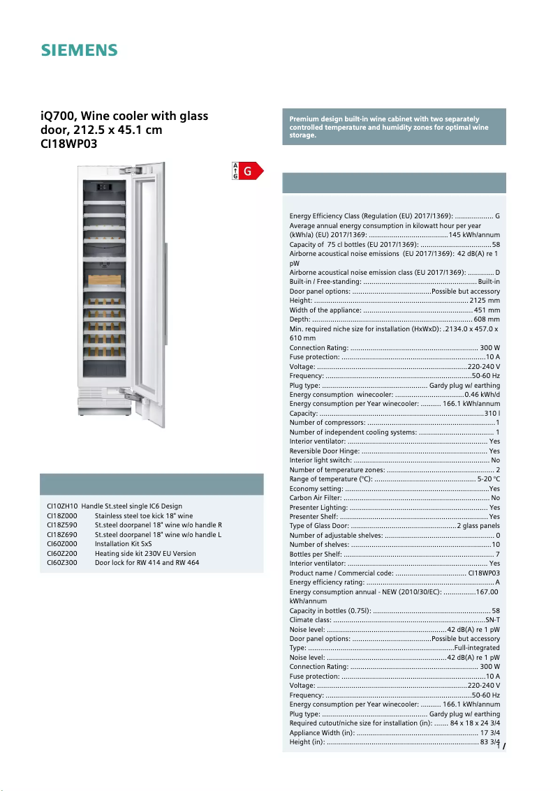 Page 1 de la notice Fiche technique Siemens CI18WP03