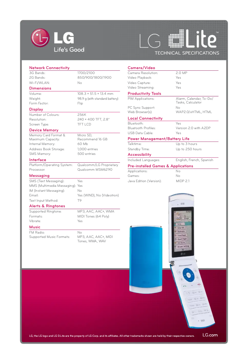 Page 1 de la notice Fiche technique LG GD570AW