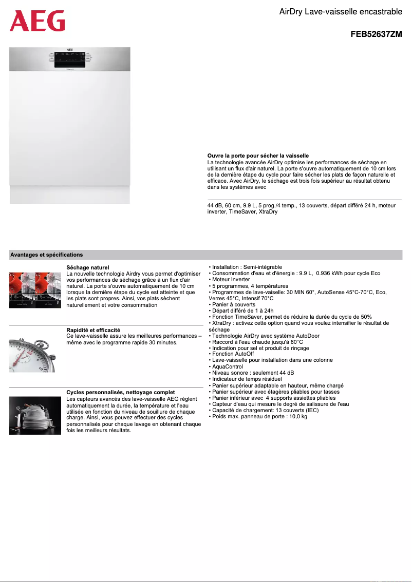 Page 1 de la notice Fiche technique AEG FEB52637ZM