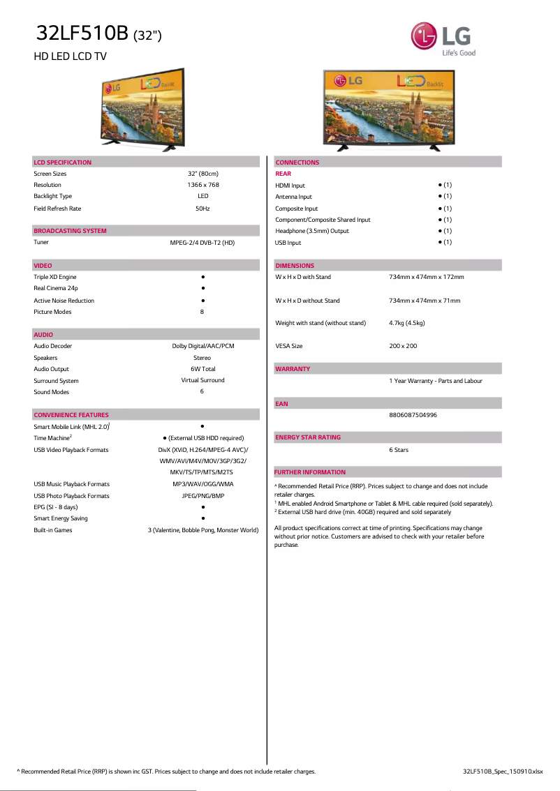 Page 1 de la notice Fiche technique LG 32LF510B