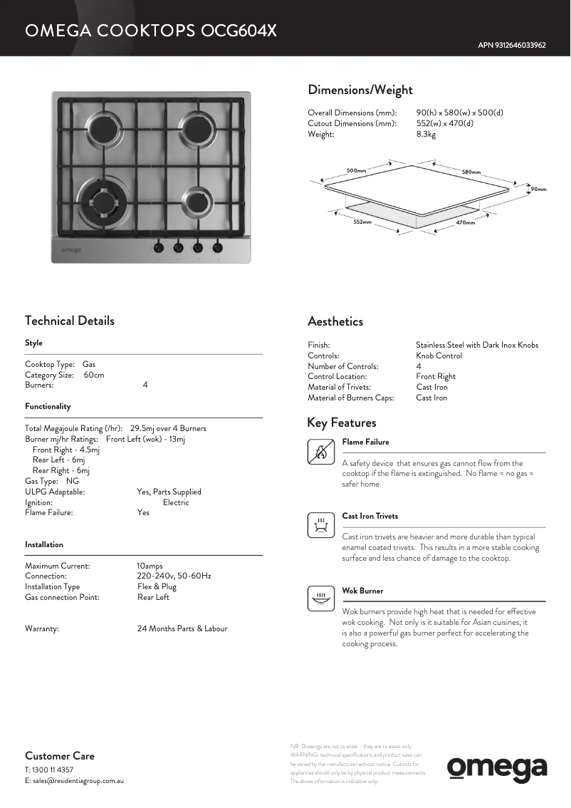Page 1 de la notice Fiche technique Omega OCG604X