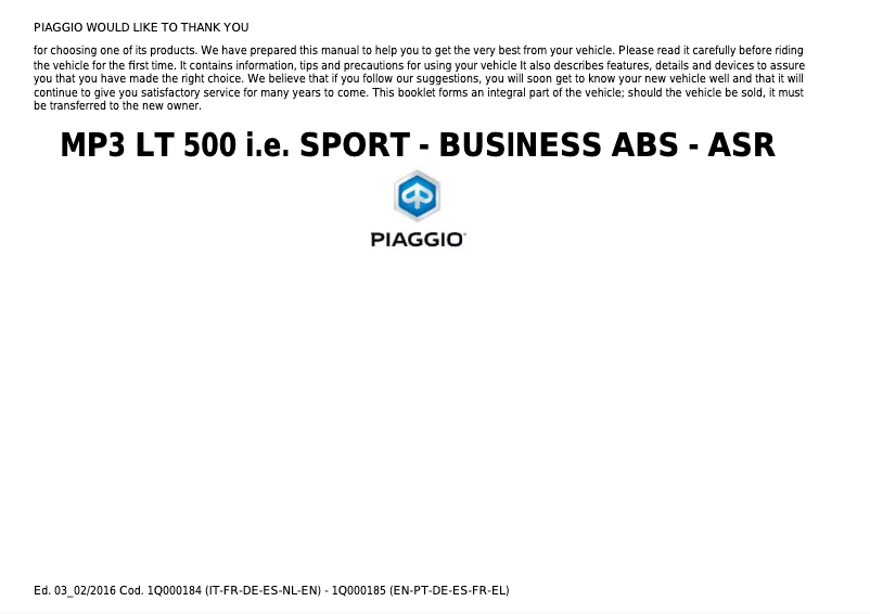 Page 1 de la notice Manuel utilisateur Piaggio MP3 LT Sport 500 ABS-ASR (2016)